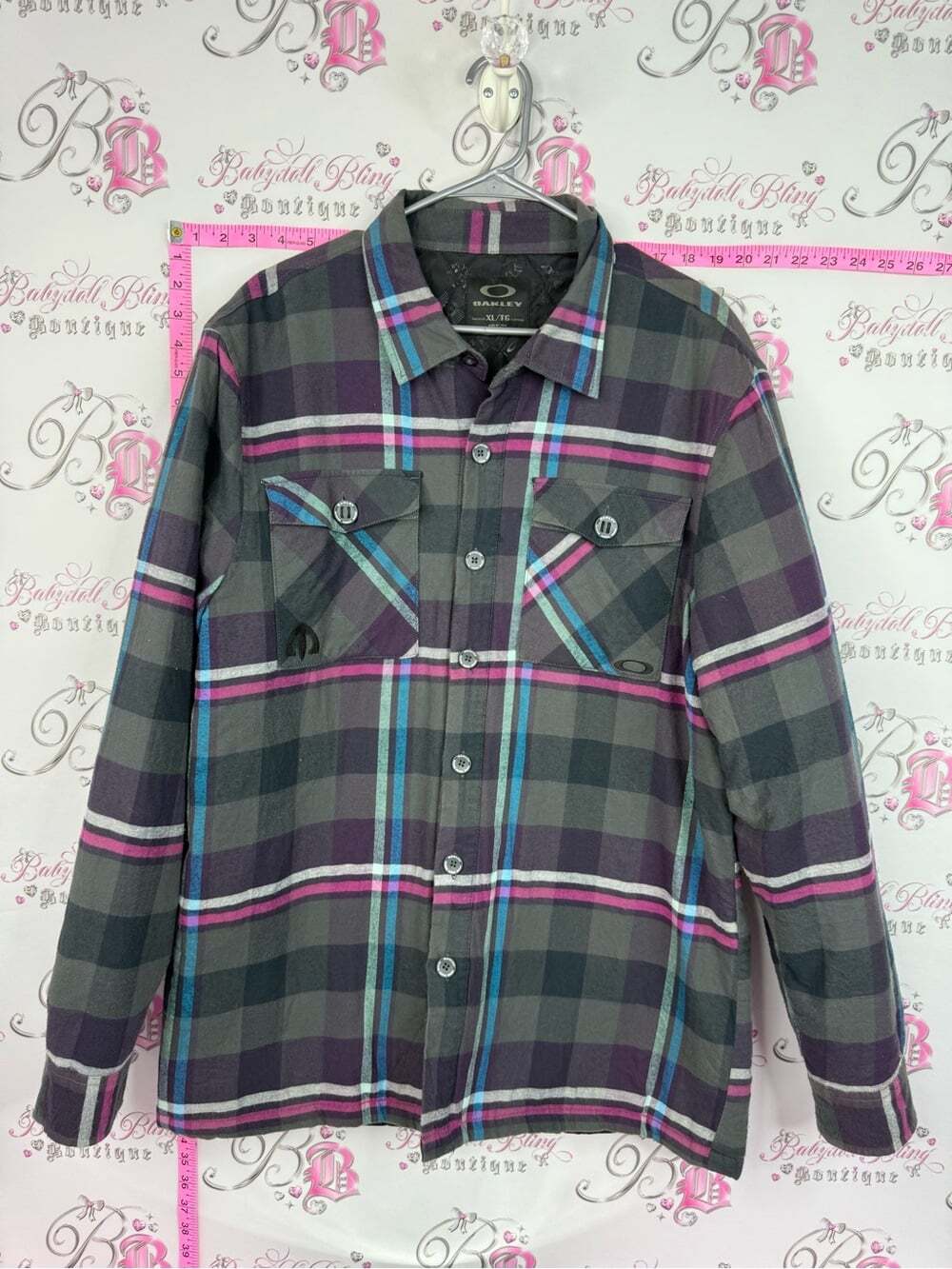 Oakley jacket grey Plaid Button-Down Shirt with Pink & Blue Stripes